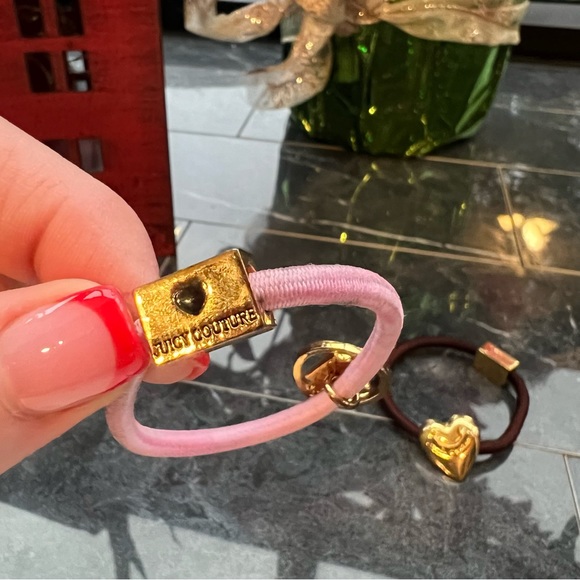 SET OF 2 OG Juicy Couture Gold Charm Pink & Brown Hair Ties - Picture 7 of 8